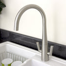 Silver high-arc single-handle kitchen faucet.