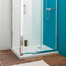 Bathroom with turquoise door and sink vanity