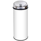 Tall cylindrical white kitchen bin unit with chrome lid finish
