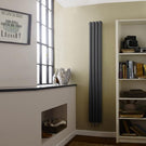 Tall radiator cover cabinet with shelf and decor