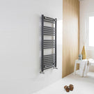 Wall-mounted chrome towel radiator in bathroom