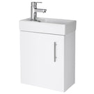 White wall-mounted vanity cabinet with small sink