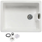 White double-basin kitchen sink with an integrated strainer ledge.