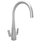 Polished chrome kitchen faucet with a high-arc spout and dual levers