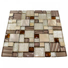 Brown, Caramel & Beige Glass & Brushed Steel Mosaic Wall Tiles Sheet 8mm