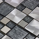 Textured Grey Glass & Brushed Steel Mix Mosaic Wall Tiles Sheet 8mm