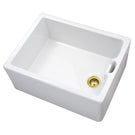 Rectangular white ceramic kitchen sink with gold drain