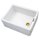 Rectangular white ceramic kitchen sink with gold drain