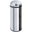 Chrome finish cylindrical countertop soap dispenser.