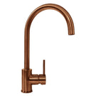 Copper-toned single-handle kitchen faucet with a high curved spout.