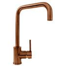 Square-spout copper-toned single-handle faucet.