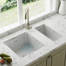 White ceramic double bowl farmhouse sink