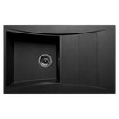 Black double-basin sink with an integrated fluted drainboard.