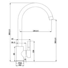 Technical line drawing of swan-neck kitchen tap with dimensions