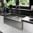 Double stainless steel kitchen sink with tap