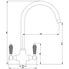 Technical diagram of a high-arc, two-handle faucet.