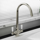 Silver kitchen faucet with a pull-down sprayer.
