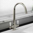 Silver kitchen faucet with a pull-down sprayer.