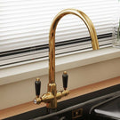 Gold-toned high-arc bridge style kitchen faucet.
