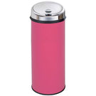 Pink cylindrical countertop bin with a silver lid.