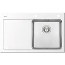 Stainless steel inset single bowl kitchen sink.