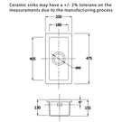Technical diagram of double bowl ceramic sink with measurements