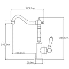 Traditional swan-neck kitchen tap—dimensioned technical drawing