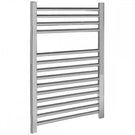 Chrome heated towel rail with curved bars.