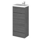 Grey drawer vanity unit with sink and chrome tap