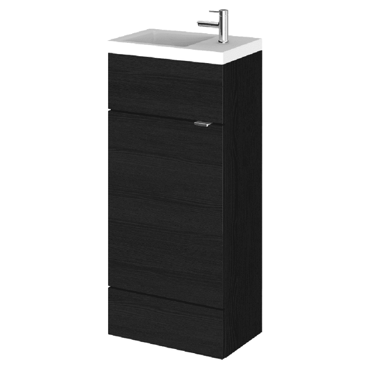Compact black vanity unit with sink and storage