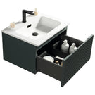 Black wall-hung vanity with white countertop basin