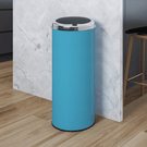 Blue cylindrical waste bin with metallic lid
