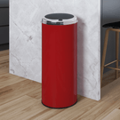 Red cylindrical freestanding kitchen waste bin with steel lid