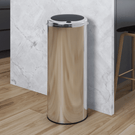 Tall cylindrical wood-effect kitchen waste bin with silver lid
