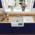White double-basin farmhouse sink with faucet