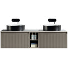 Modern vanity with dual sinks and chrome faucets