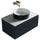 Black vanity with white square basin and gold tap