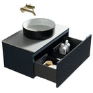 Black vanity with square countertop basin and mixer