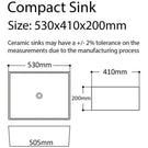 Technical diagram of a compact single-basin sink.