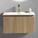 Oak finish vanity with white basin and mirror