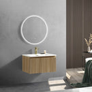Oak vanity unit with round mirror and basin