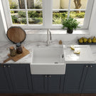 White ceramic double bowl farmhouse sink