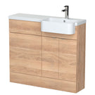 Bathroom vanity with wooden finish and white countertop on a white background