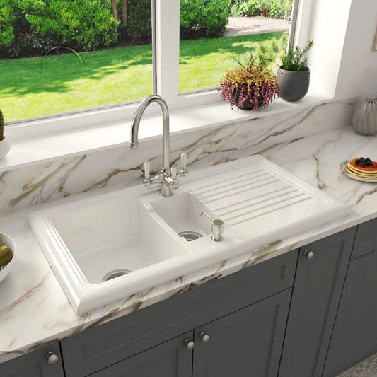 Astini Lago 150 1.5 Bowl White Fireclay Ceramic Kitchen Sink, Waste & Chrome Tap