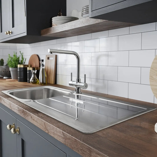 Rangemaster Glendale 1.0 Bowl Stainless Steel Kitchen Sink, Waste & Aquadisc 5 Tap