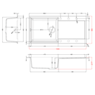 Technical drawing of a kitchen sink with dimensions and component labels.