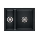 Black kitchen sink with double basin on a white background