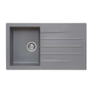 Gray kitchen sink with a central drain hole on a white background