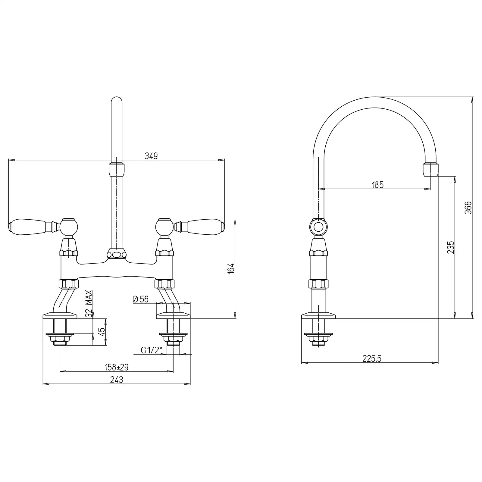 Paini Chrome Two Tap Hole Cranked Leg Bridge Mixer Tap 10CR220USIA