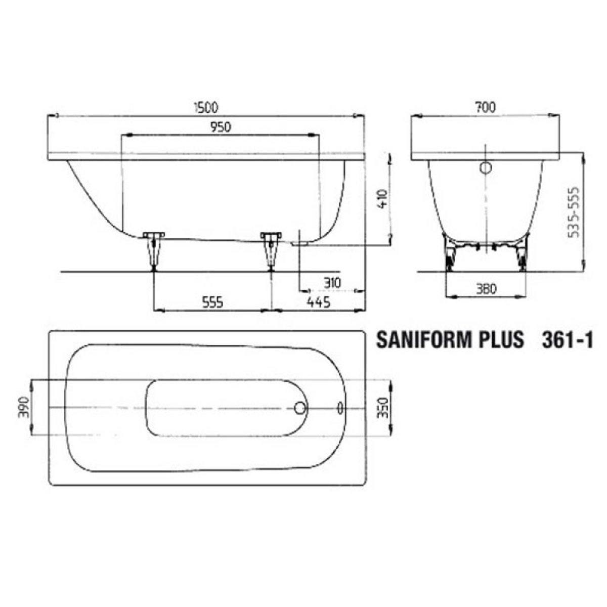 Kaldewei Saniform Plus 1500 x 700mm White 2 Tap Holes Bath